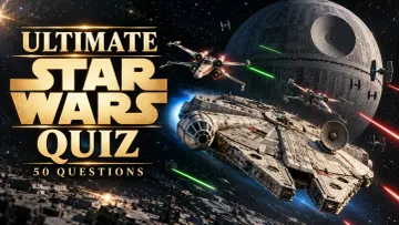 Ultimate Star Wars Quiz: 50 Questions, with the Millennium Falcon, X-wings and TIE fighters flying near the Death Star.