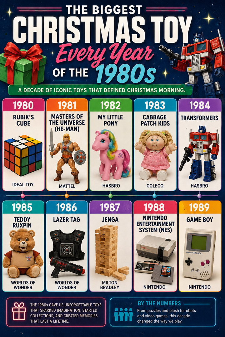 Infographic showing the biggest Christmas toy for each year from 1980 through 1989, including Rubik’s Cube, Cabbage Patch Kids, Transformers, Nintendo Entertainment System and Game Boy.