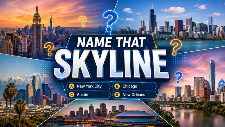 Name That Skyline quiz artwork featuring several major U.S. city skylines