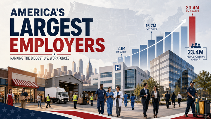 America’s largest employers graphic showing workers, workplaces and rising employment figures