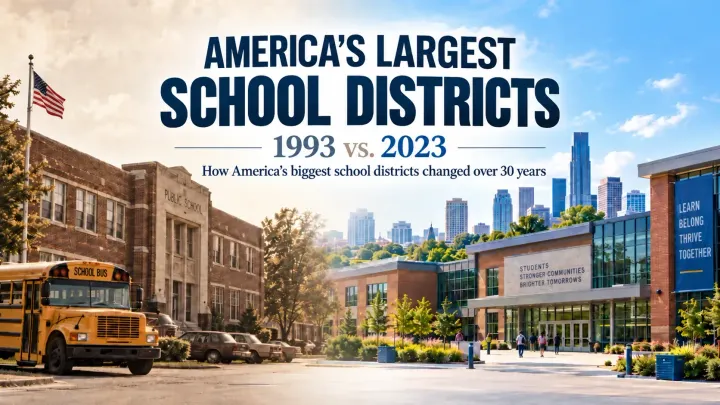 America’s largest school districts in 1993 and 2023, shown through contrasting older and modern school campuses.