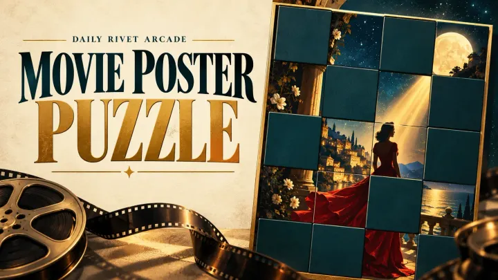 Movie Poster Puzzle Game cover with a colorful film poster partly hidden by puzzle tiles