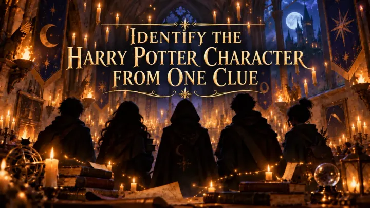 Five silhouetted figures in a candlelit Hogwarts-style hall beneath a Harry Potter character quiz title.