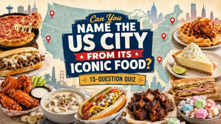 US city food quiz featuring iconic American foods including pizza, cheesesteak, wings, hot dogs, barbecue, key lime pie, and saltwater taffy around a U.S. map
