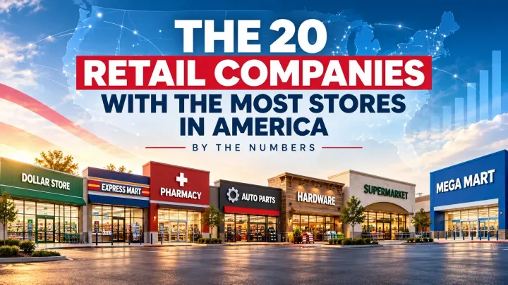 Retail storefronts and U.S. map illustrating the 20 retail companies with the most stores in America.