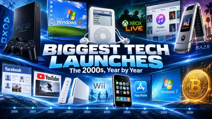 Collage of major 2000s tech launches including the PlayStation 2, iPod, RAZR, Wii, iPhone, Windows, YouTube, Facebook and Bitcoin.