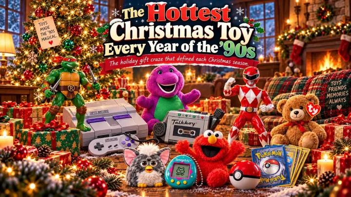 The hottest Christmas toy from every year of the 1990s featuring popular 90s toys like Super Nintendo, Tickle Me Elmo, Furby and Pokémon