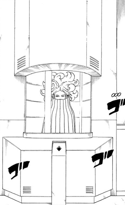 A blond woman wrapped in cloth seemingly floats inside of a tank in Amado's laboratory.
