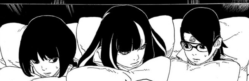 Sumire, Eida, and Sarada sitting in bed together