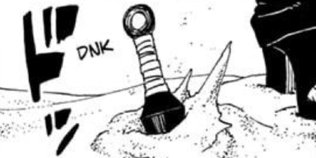 After Sarada drops her kunai, it lands in the sand next to her shoe, making a "dnk" sound.