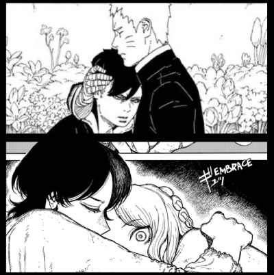 Top, Naruto hugs a traumatized Kawaki. Bottom, Mira hugs a traumatized Julian.