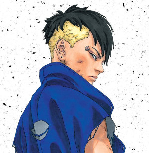 A young man in a jacket with tattered sleeves looks over his shoulder. His eyebrow has double piercings.