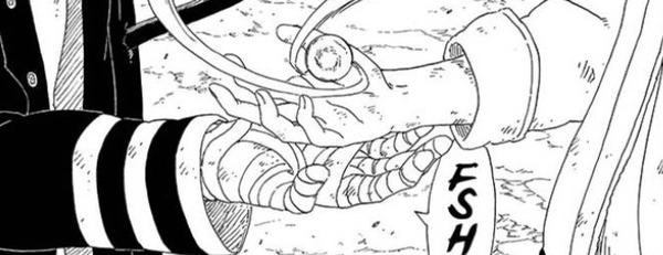 Naruto's prosthetic hands cups the head of Boruto as they form a Rasengan together.