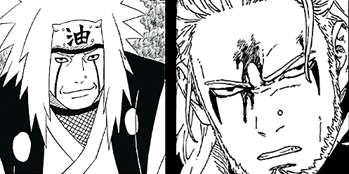 The image on the left features Jiraiya smiling at the viewer. On the right is an image of Kashin Koji, Jiraiya's clone, gri