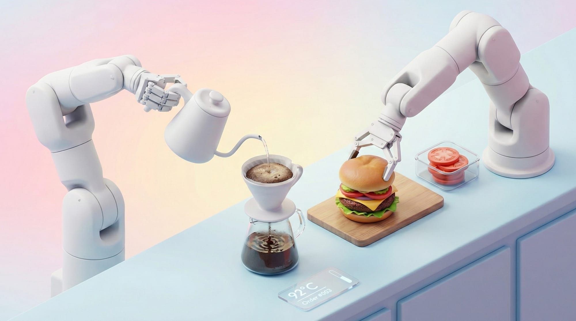 New Innovations 開發的自動化機器人手臂，示意其應用於星巴克 (root C) 與摩斯漢堡 (Burger Cooker) 的餐飲製作場景。