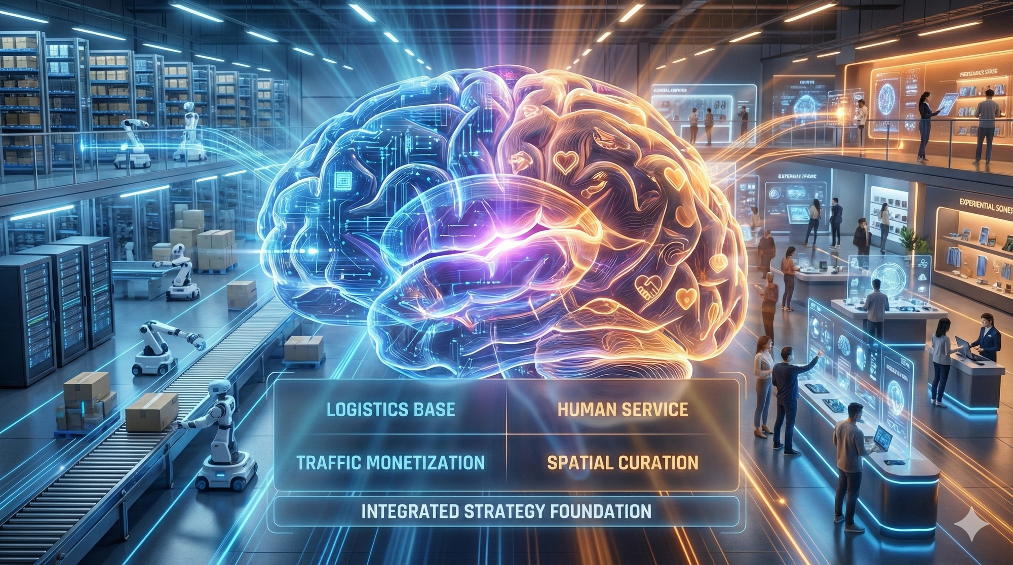 零售商業模式策略地圖的 2x2 矩陣框架圖。縱軸區分為「後台（看不見的骨架與靈魂）」與「前台（看得見的數字與場景）」，橫軸區分為「左腦（理性/數據/效率）」與「右腦（感性/體驗/文化）」。四個象限分別為：I. 物流基建、IV. 人本服務、II. 流量變現、III. 空間策展。底部為宏觀的「V. 綜合戰略」。