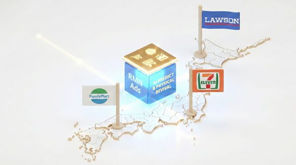 3D 商業概念圖顯示日本地圖上插著 7-Eleven、全家 FamilyMart 與 Lawson 的旗幟，中央為發光的 AI 預測方塊，象徵 2026 年零售媒體從流量變現轉向實體與 AI 賦能的戰略轉型。