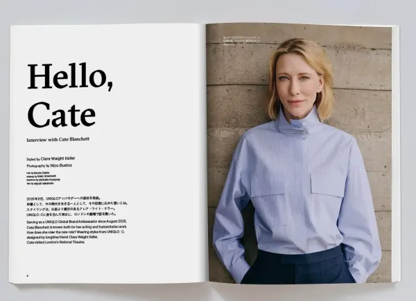 《LifeWear magazine》凱特布蘭琪專訪跨頁，左頁為「Hello, Cate」標題，右頁為她身穿淺藍條紋上衣的照片。