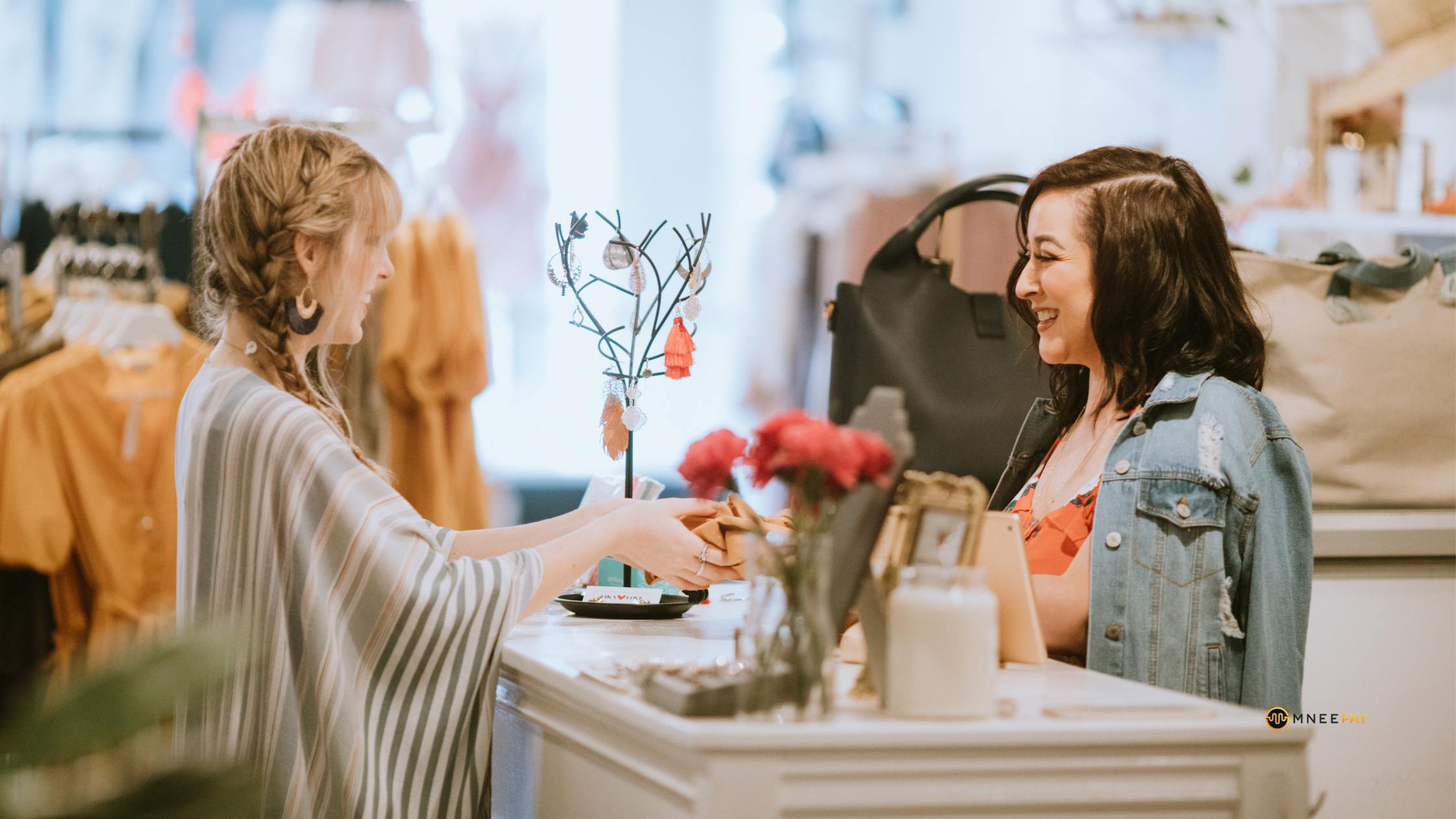 Customer using stablecoin payments in a retail store with a merchant