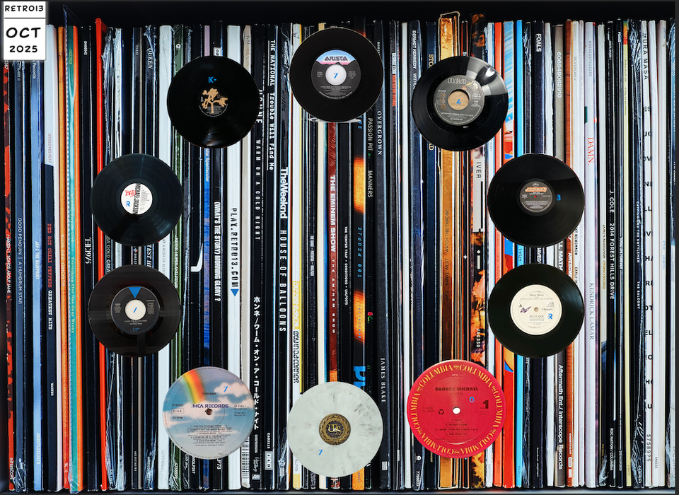  image of 10 records in a circle with record sleeves in the background