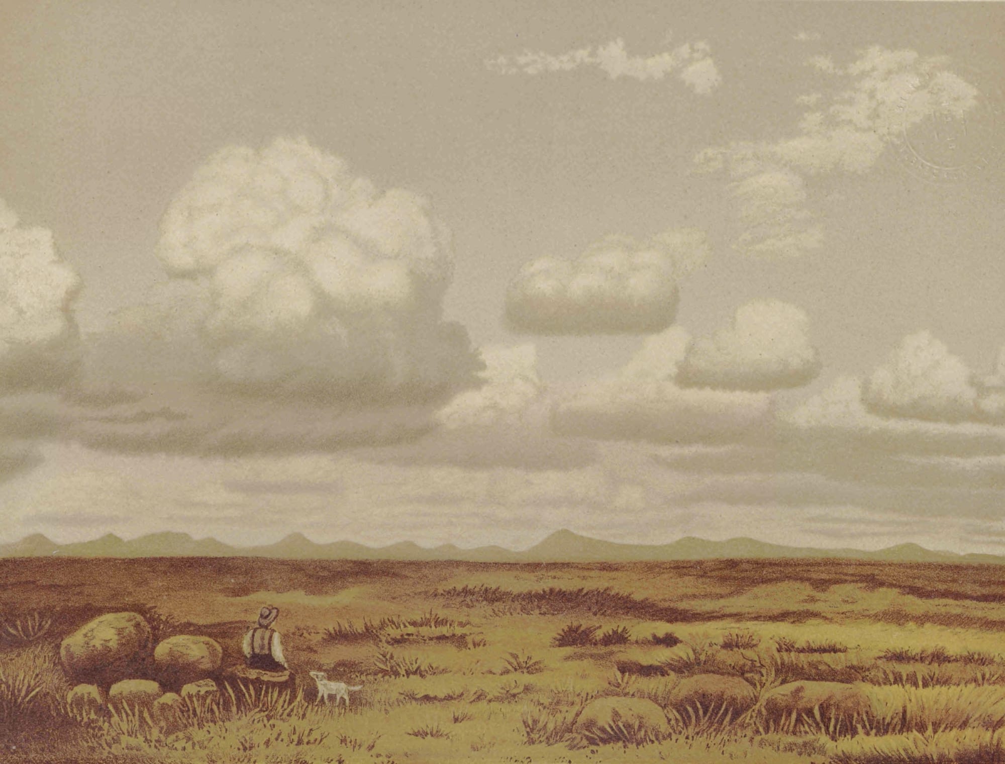 A farmer looks up at cumulus clouds from his perch on a hay-bale in a painting in pale pastels from the 1890 Cloud Atlas. It's late summer, and the farmer's little white dog is watching him watch the sky.