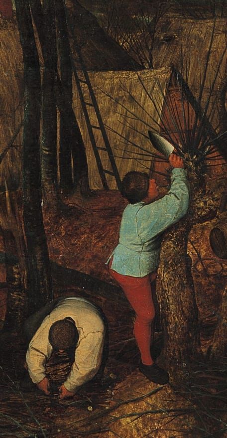 Crop from Pieter Bruegel the Elder’s Gloomy Day, showing two figures, one pollarding a willow and another tying up a bundle of willow wands. 
