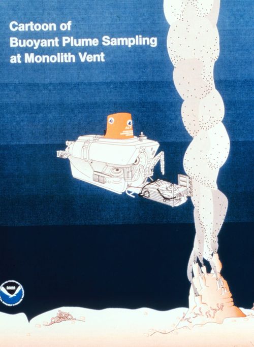 NOAA illustration titled "Cartoon of Buoyant Plume Sampling at Monolith Vent" depicting this excellent crab machine taking samples.
