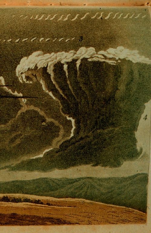 An color plate from a German cloud atlas lovingly depicting a cumulonimbus cloud with an anvil-shaped top hovering menacingly over a landscape of brown and green hills. 
