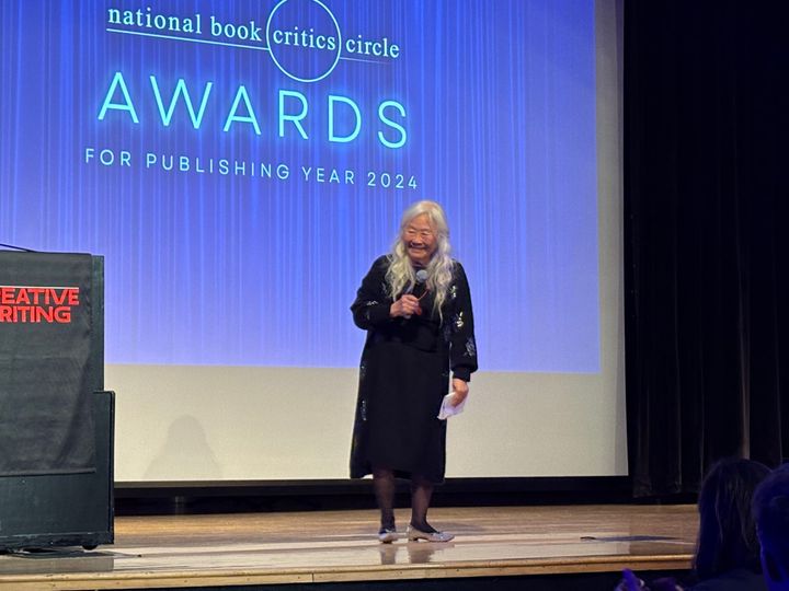 Author Maxine Hong Kingston on stage at the NBCC Awards