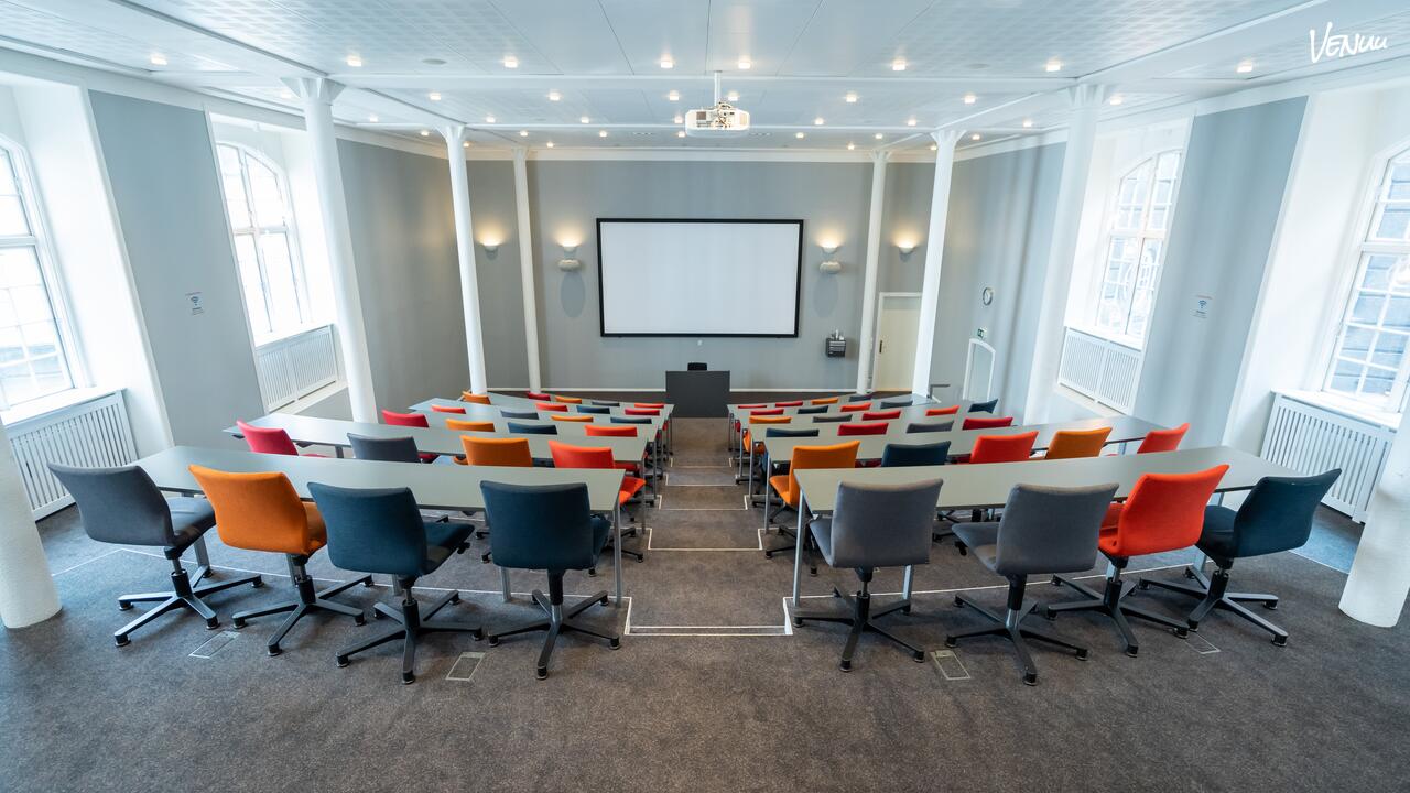 Professionelt auditorie med perfekt akustik og avanceret AV-udstyr.