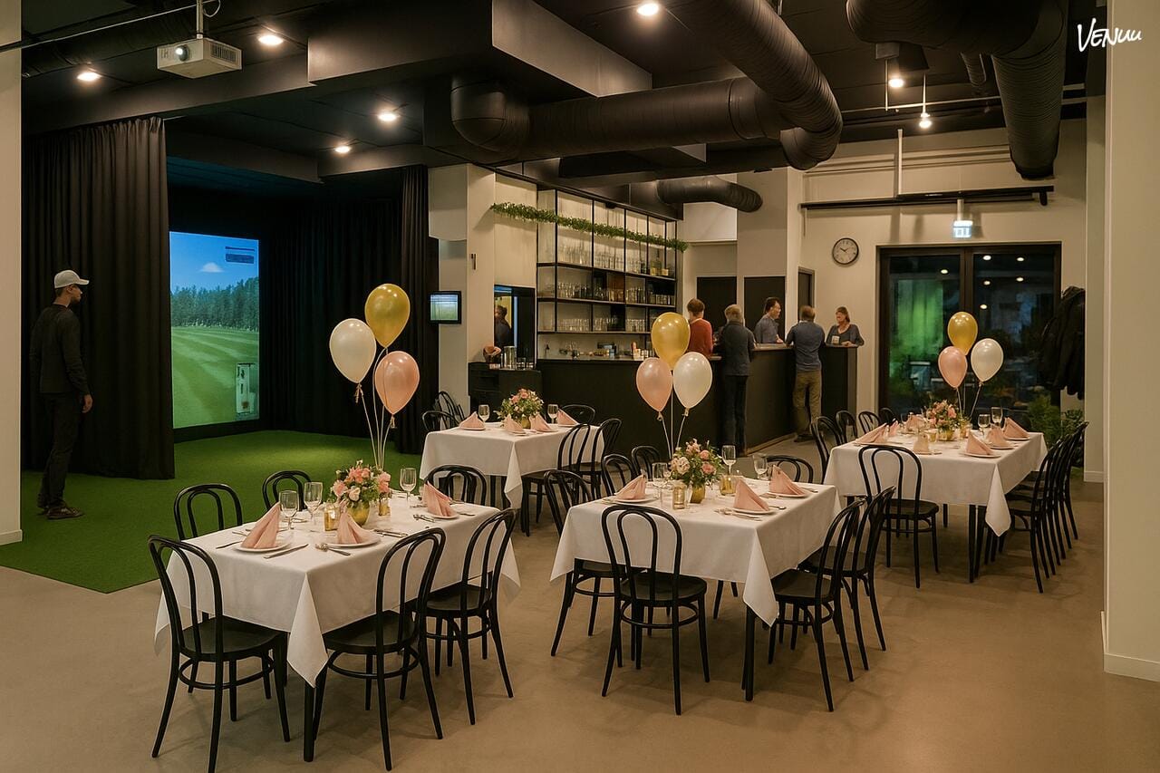 lokale med plads til 50 personer og mulighed for golf indendørs