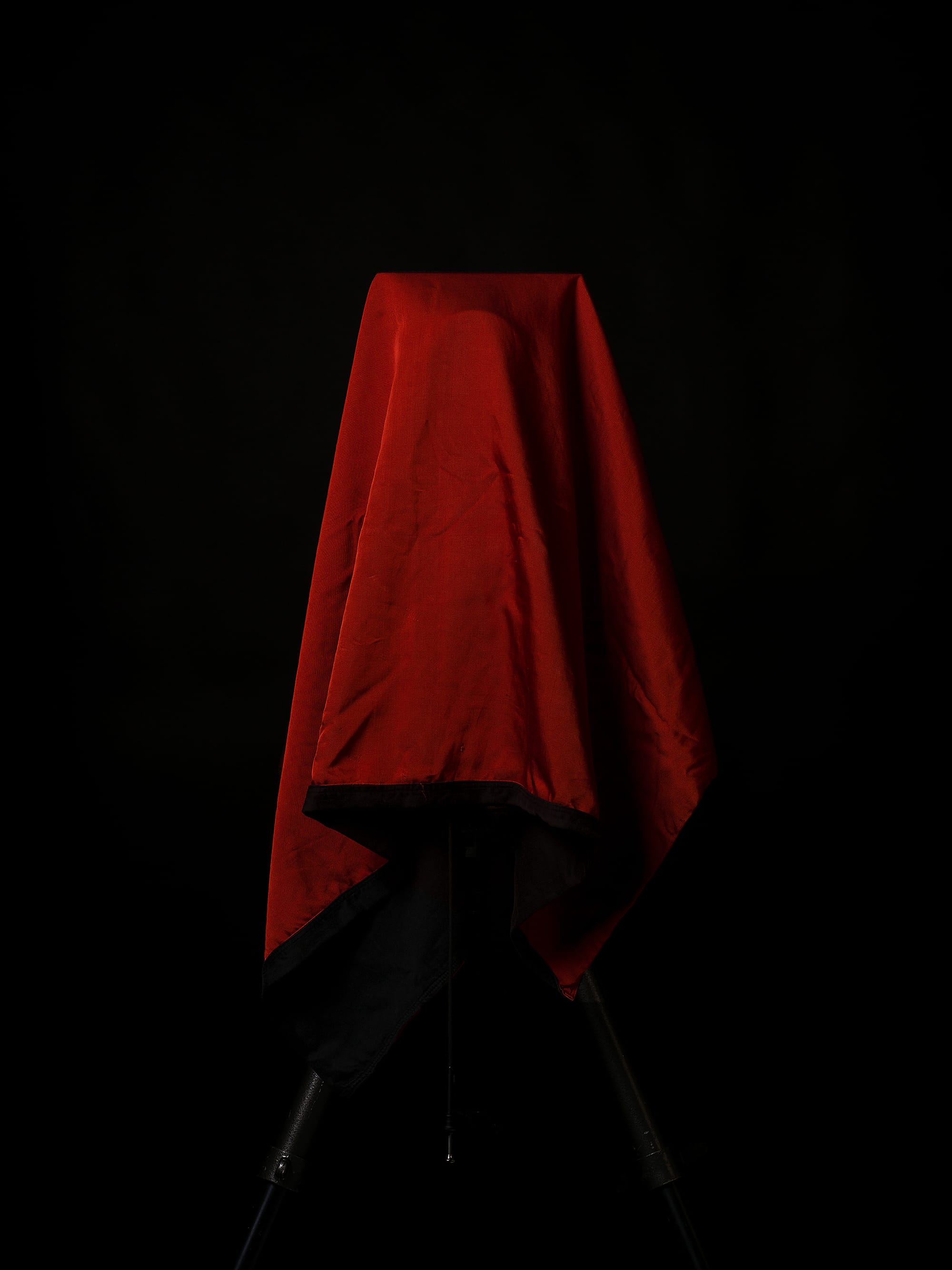 A photograph that forms a diptych with the picture above. A large-format camera on a tripod has the same darkcloth draped over it. Below, the studio light picks out one tripod leg and the dangling metal button of a cable release.