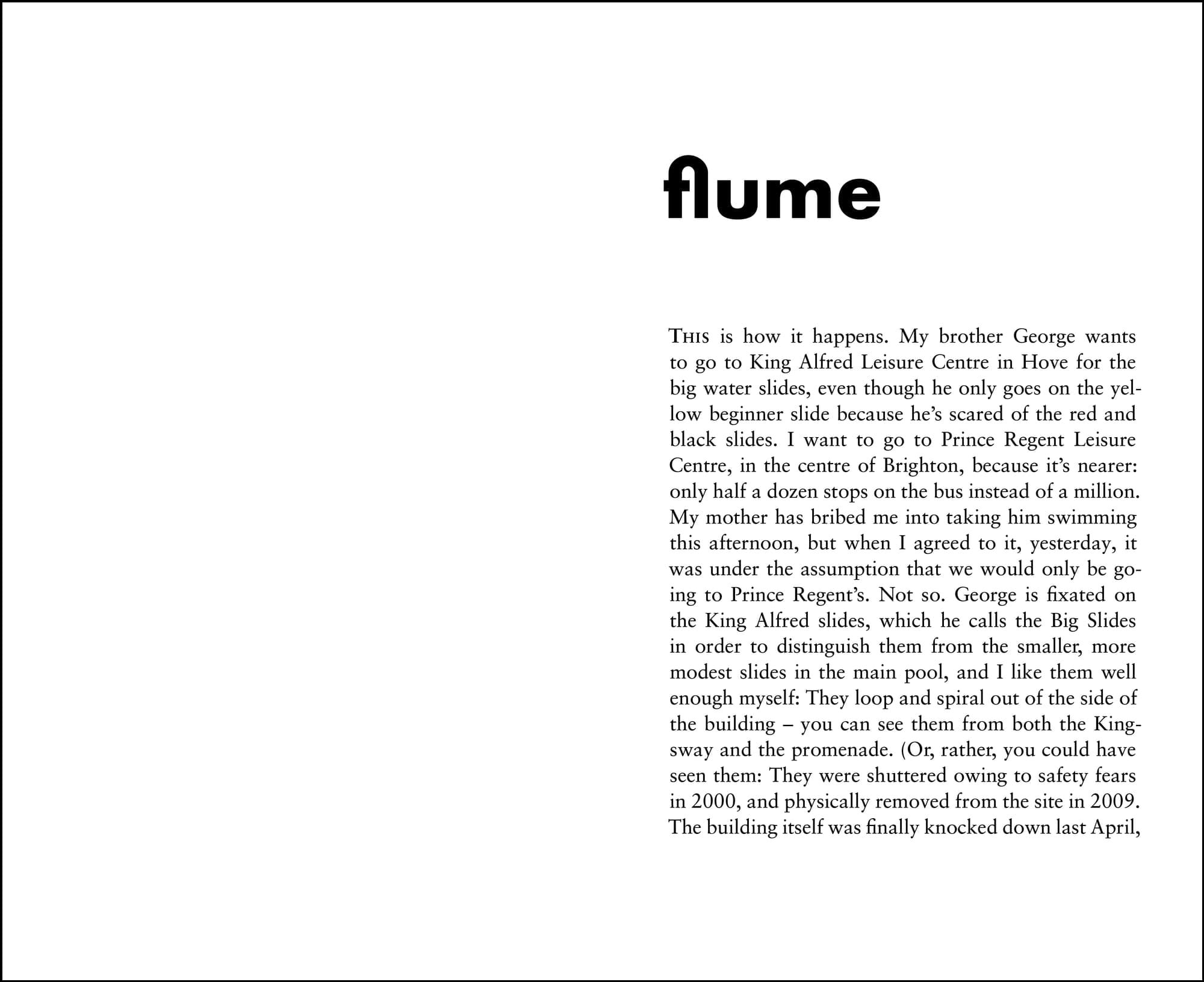 The first page of the my story 'Flume' as a spread; the left page is blank.