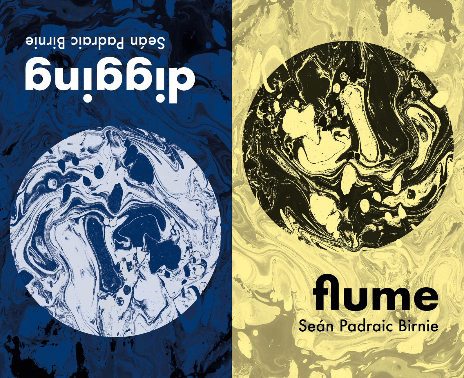 A gif showing the alternative cover orientations of the Digging / Flume chapbook. The font is Futura Bold for each title, Futura Medium for my name. The Digging cover is blue with a white circle and a watercolour texture overlaid, with the text in white; the Flume cover is yellow with a black circle and the same watercolour texture, and the text in black.