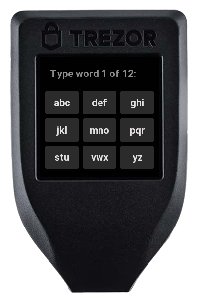 This Trezor Model T is displaying one step in the simple recovery process, should you ever need to use it. By Trezor.