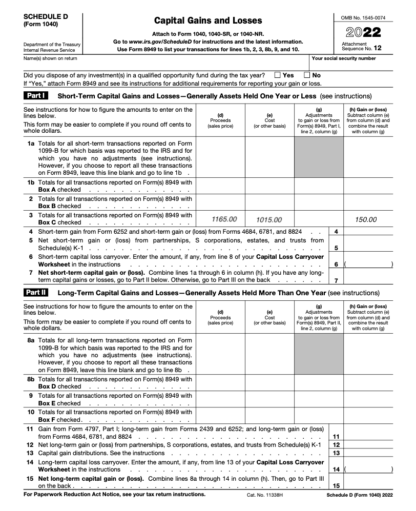 An example Form 1040 Schedule D for a crypto trader.