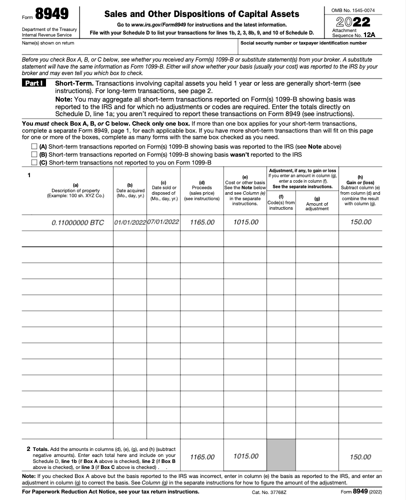 An example Form 8949 for a low-volume crypto trader.