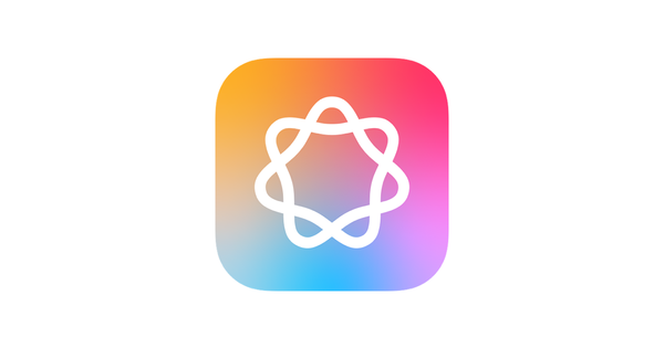 Apple Intelligence app icon featuring a white, abstract star-like shape with loops, set against a rounded square background with a soft gradient blending orange, pink, purple, and blue.