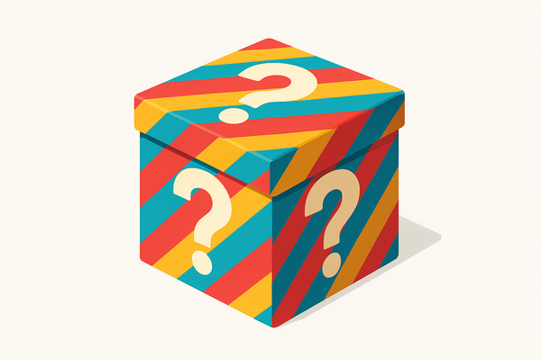An illustration of a multi-coloured 3D box, with a single question mark centred on each side.