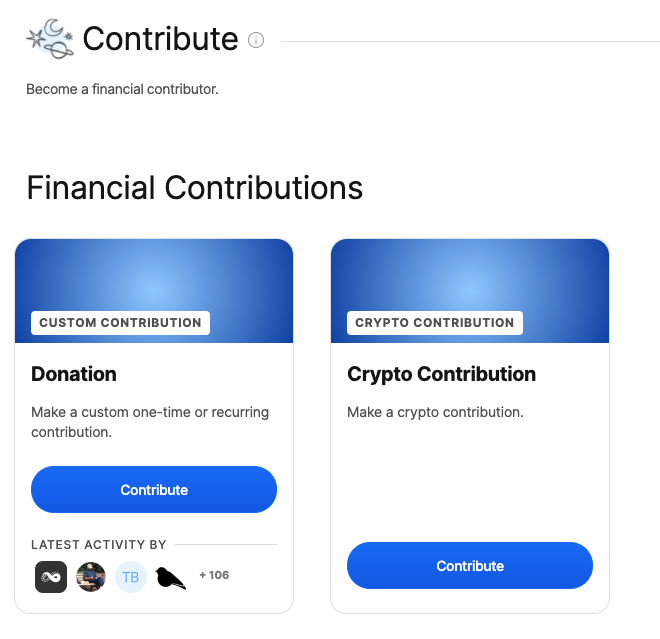 Close up of contribute section showing of Collective page, showing Donatation Tier and new 'Crypto Contribution' tier.