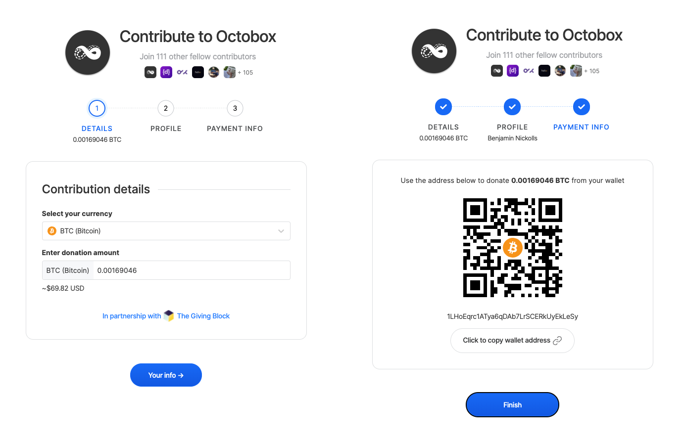 Image showing process for dontating cryptocurrency. Screen left shows a contribution to the Octobox Collective in progress. Screen right shows payment information including a wallet address.