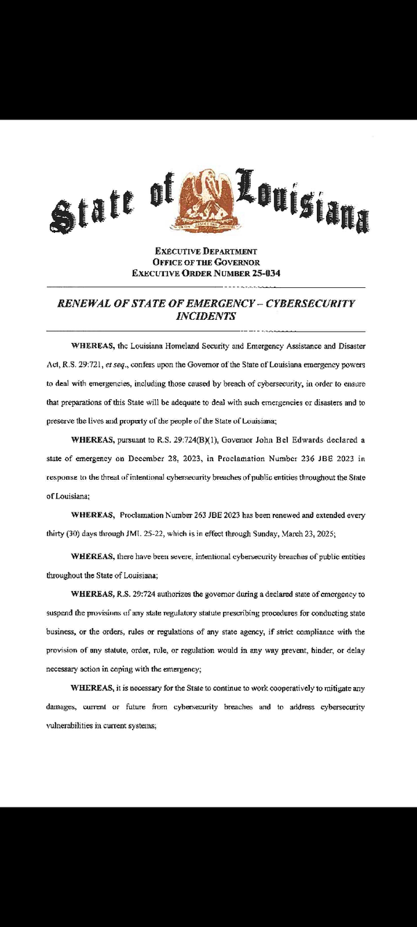 Louisiana Governor's Executive Order Renewing State of Emergency for Cybersecurity Incident Appears to Grant National Guard Authority to Act