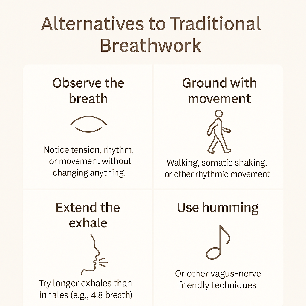4-step infographic of gentle breathwork alternatives: observing breath, rhythmic movement, extended exhales, and vagus nerve humming