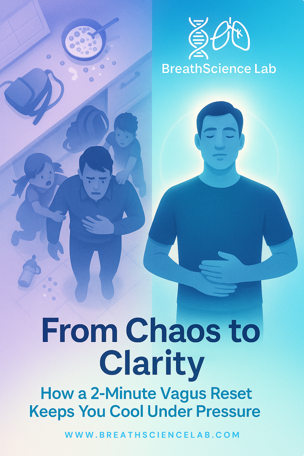 Illustration of a stressed parent surrounded by kids on one side, and calm breathing on the other — symbolizing a breathwork shift from chaos to clarity