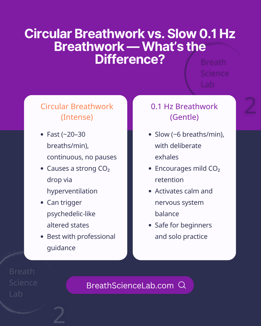 Comparison infographic showing "Circular Breathwork vs. Slow 0.1 Hz Breathwork — What’s the Difference?" On the left, Circular Breathwork is described as intense: fast (about 20–30 breaths/min), continuous with no pauses, causes a strong CO₂ drop via hyperventilation, can trigger psychedelic-like altered states, and is best with professional guidance. On the right, 0.1 Hz Breathwork is described as gentle: slow (about 6 breaths/min) with deliberate exhales, encourages mild CO₂ retention, activates calm and nervous system balance, and is safe for beginners and solo practice. The website BreathScienceLab.com is at the bottom.