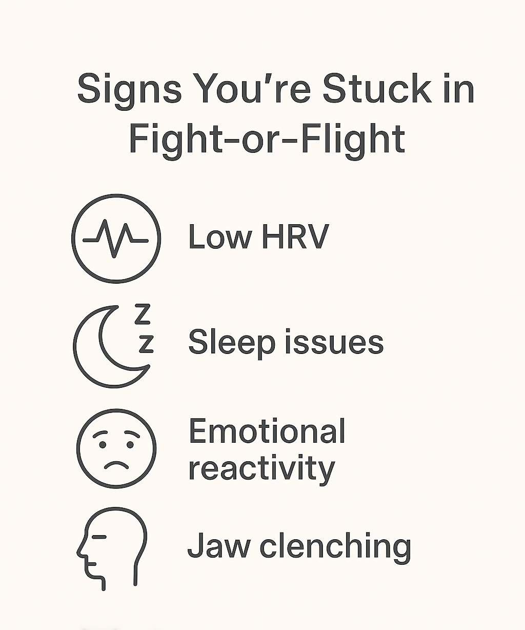 Visual list of symptoms associated with sympathetic dominance such as low energy, shallow breathing, and low HRV