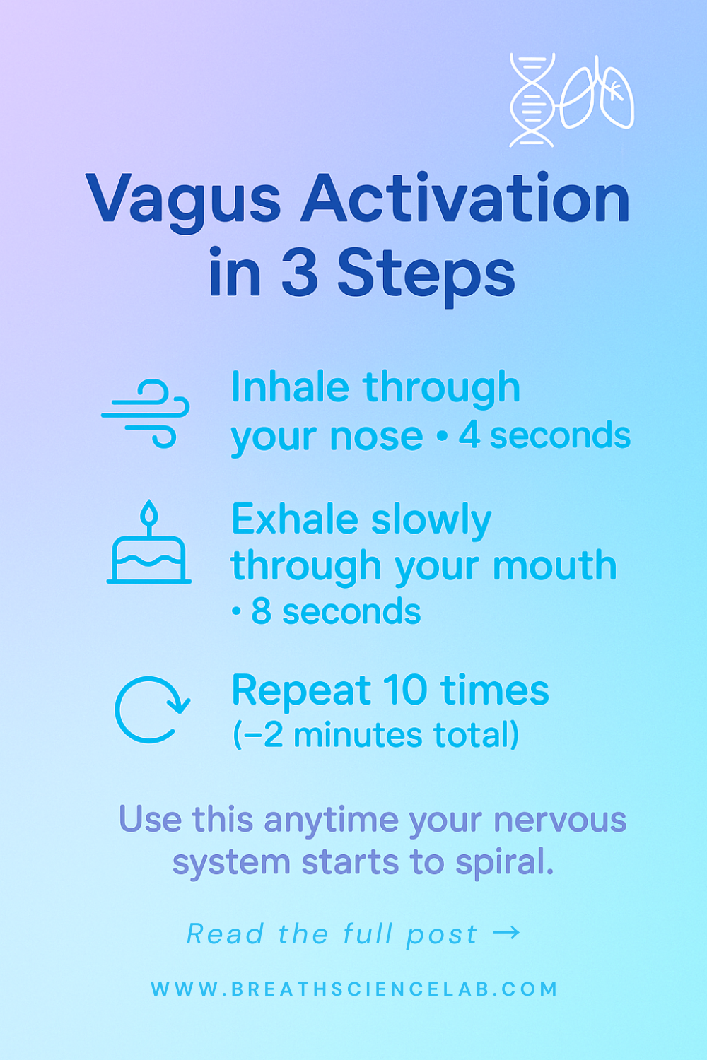 Minimalist infographic showing how to inhale for 4 seconds, exhale for 8, and repeat 10 times to reset your nervous system fast