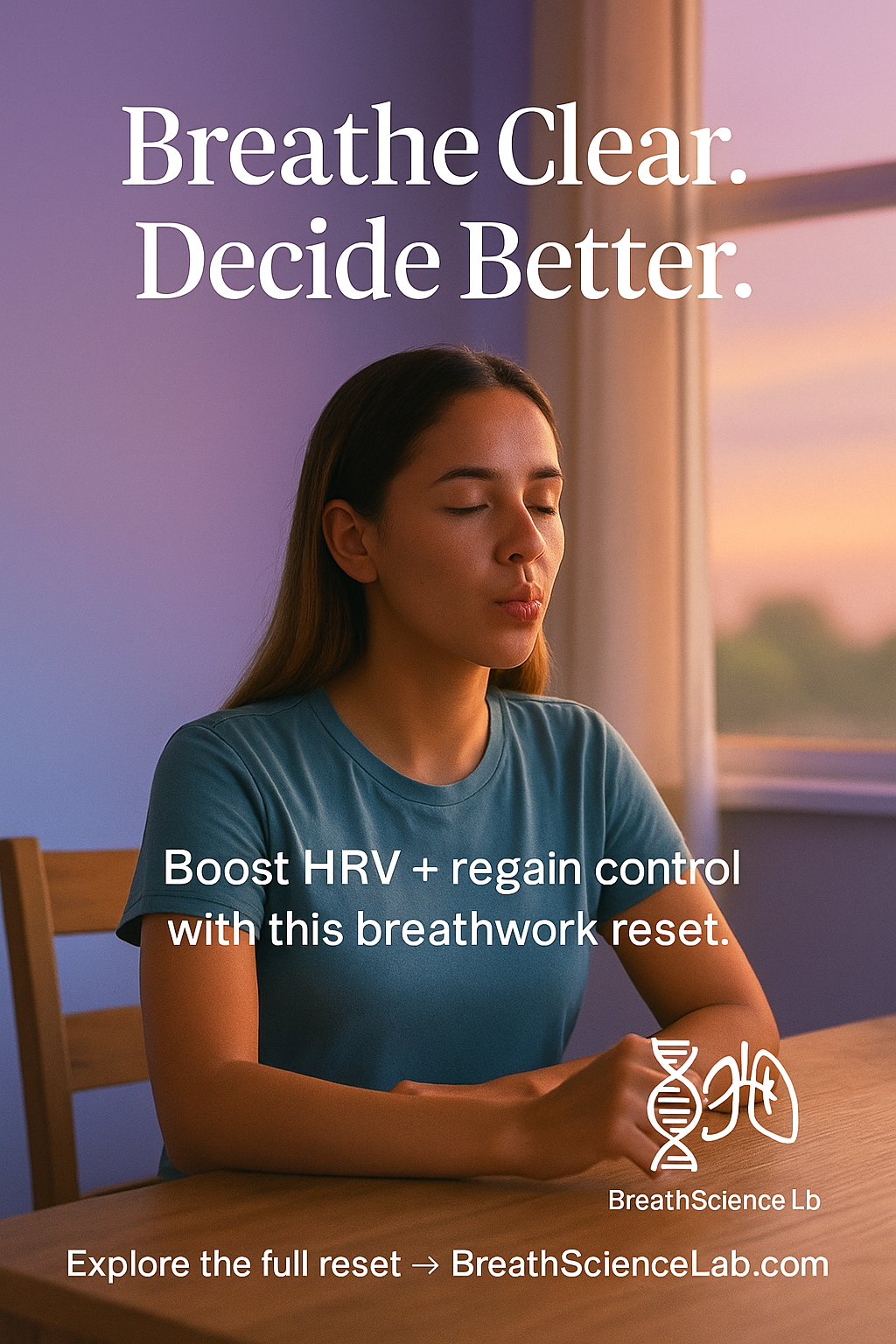 Woman sitting at a table doing slow breathwork at sunrise, eyes closed in calm focus, promoting breathwork for clarity and control