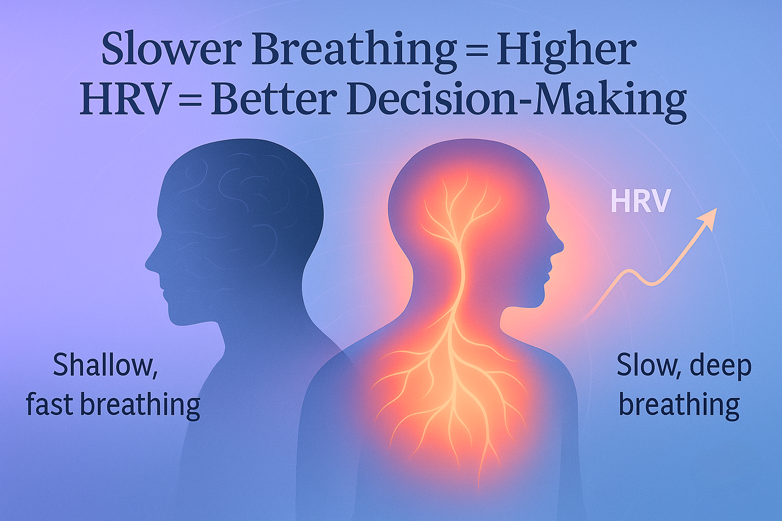 Side-by-side illustration showing the difference between shallow, fast breathing and slow, deep breathing. Highlights how slower breathing increases HRV and supports better decision-making