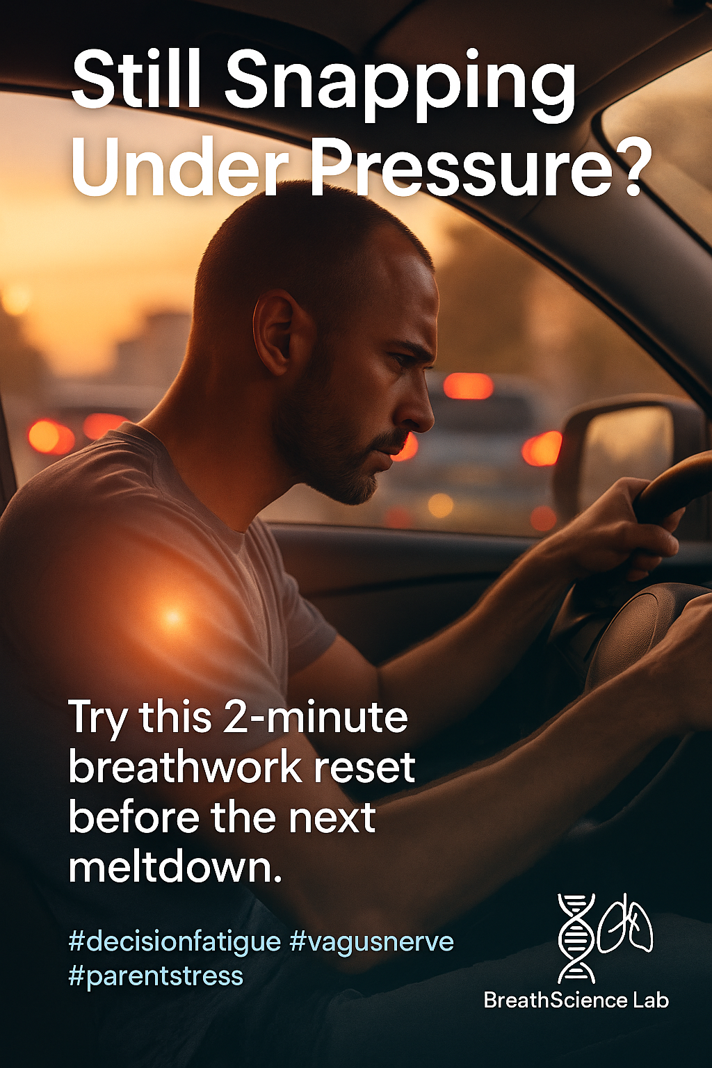 Stressed man gripping steering wheel in traffic, with tense posture and orange shoulder glow, asking if you're snapping under pressure